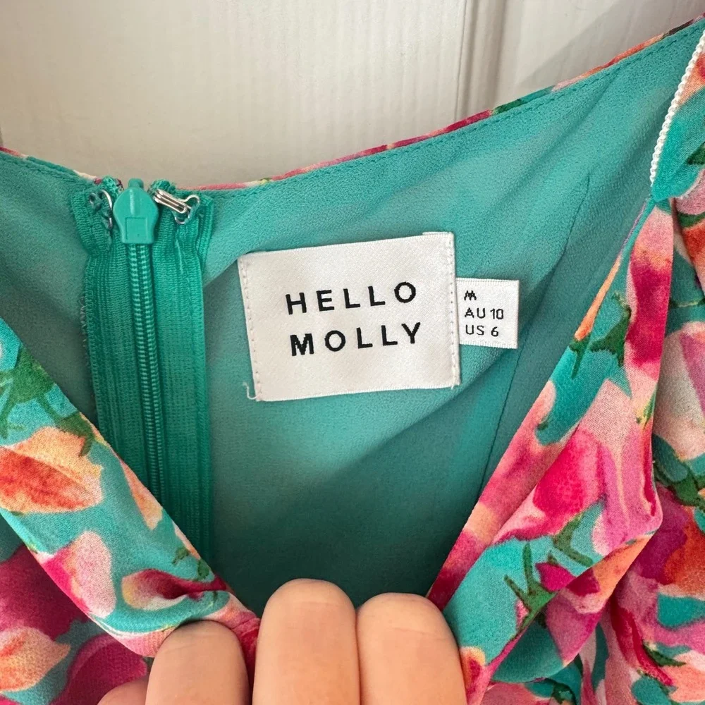 Hello Molly Teal Pink Floral Ruched Puff Sleeve Mini Dress Size 6 US 10 AU